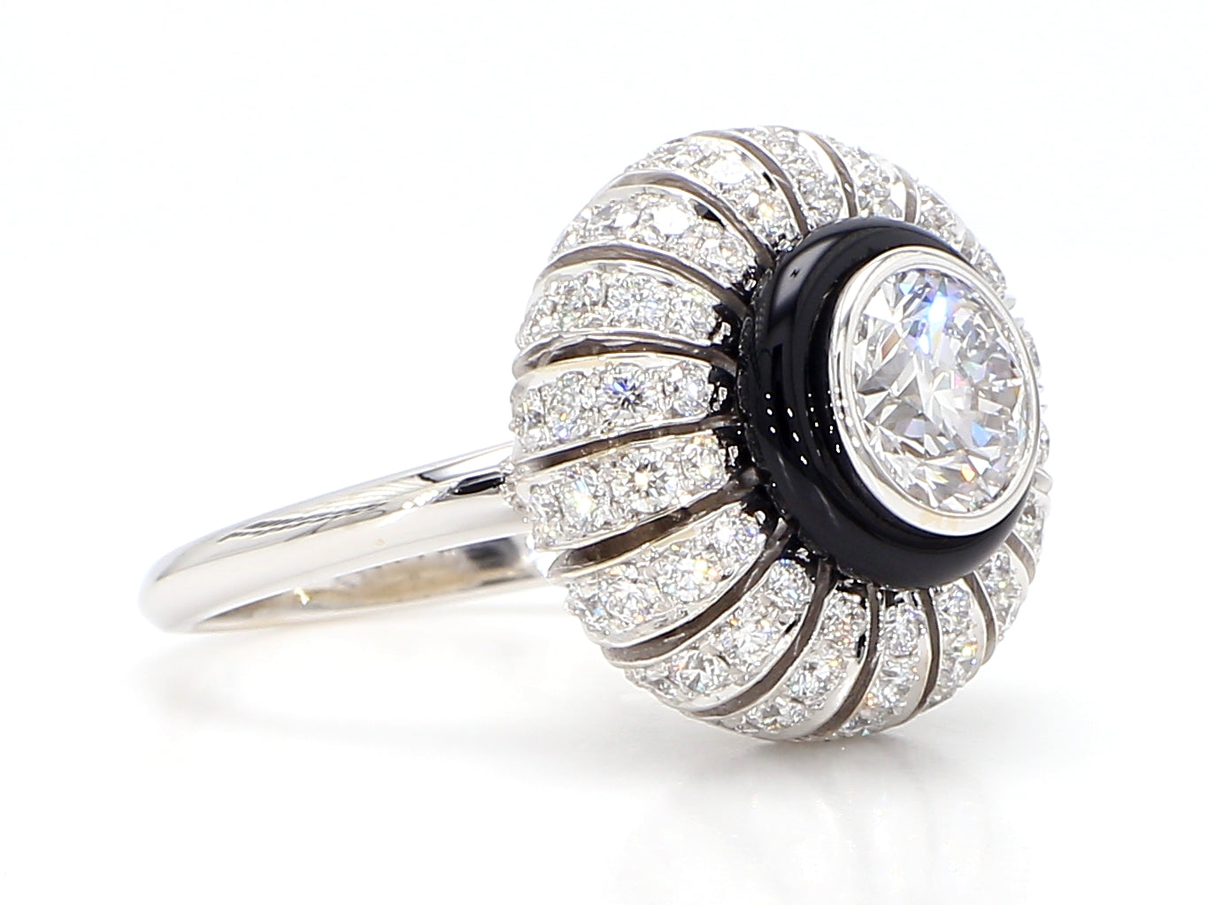 TORUS RING 2.47 CARAT TOTAL WEIGHT, TRIPLE EXCELLENT ROUND BRILLIANT 1.21 BR F VS1, GIA #3255695972, 1.26 MELEE, BLACK ONYX, 18K WHITE GOLD