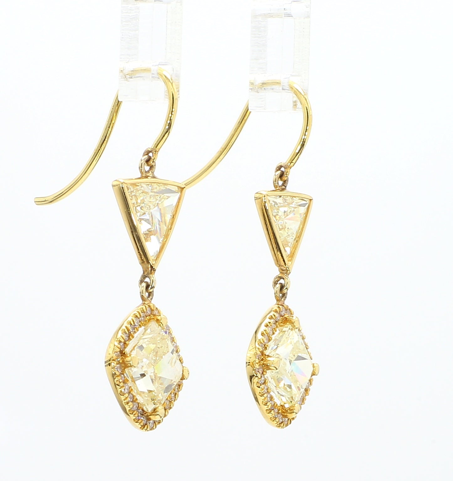 YELLOW SQUARE CUSHION AND TRIANGLE DIAMOND EARRINGS, 4.14 CTTW, 18KY