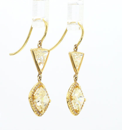 YELLOW SQUARE CUSHION AND TRIANGLE DIAMOND EARRINGS, 4.14 CTTW, 18KY