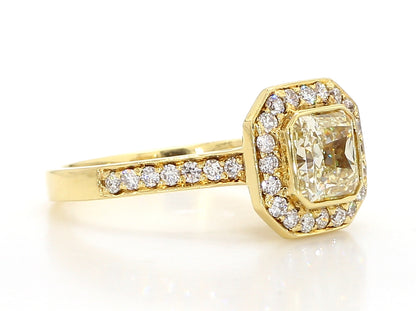 ENGAGEMENT RING, LIGHT YELLOW SQUARE CENTER, 1.37 CT, CUSHION HALO RING, 2.17 CARAT TOTAL WEIGHT, 18K YELLOW GOLD