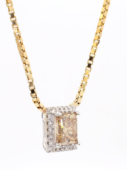 PRINCESS CUT DIAMOND NECKLACE, 3.02 CARAT, FANCY BROWN -YELLOW FRAMED WITH WHITE DIAMONDS, 14K YELLOW