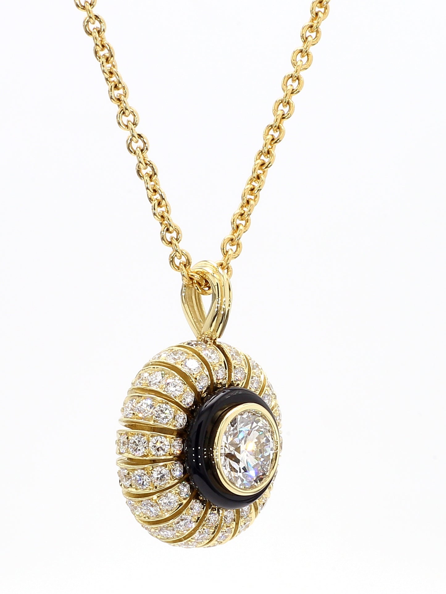TORUS NECKLACE 2.29 CARAT TOTAL WEIGHT, TRIPLE EXCELLENT ROUND BRILLIANT 1.02 E VS1, GIA #7221403423, 1.27 MELEE, BLACK ONYX, 18K YELLOW GOLD