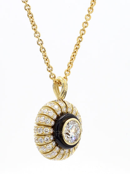 TORUS NECKLACE 2.29 CARAT TOTAL WEIGHT, TRIPLE EXCELLENT ROUND BRILLIANT 1.02 E VS1, GIA #7221403423, 1.27 MELEE, BLACK ONYX, 18K YELLOW GOLD