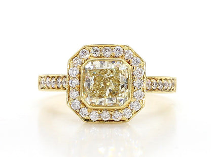 ENGAGEMENT RING, LIGHT YELLOW SQUARE CENTER, 1.37 CT, CUSHION HALO RING, 2.17 CARAT TOTAL WEIGHT, 18K YELLOW GOLD