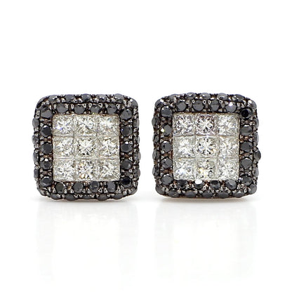 WHITE PRINCESS CUT AND ROUND BLACK DIAMOND EARRINGS, 18KW