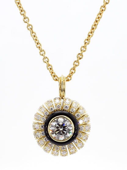 TORUS NECKLACE 2.29 CARAT TOTAL WEIGHT, TRIPLE EXCELLENT ROUND BRILLIANT 1.02 E VS1, GIA #7221403423, 1.27 MELEE, BLACK ONYX, 18K YELLOW GOLD