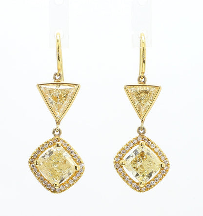 YELLOW SQUARE CUSHION AND TRIANGLE DIAMOND EARRINGS, 4.14 CTTW, 18KY
